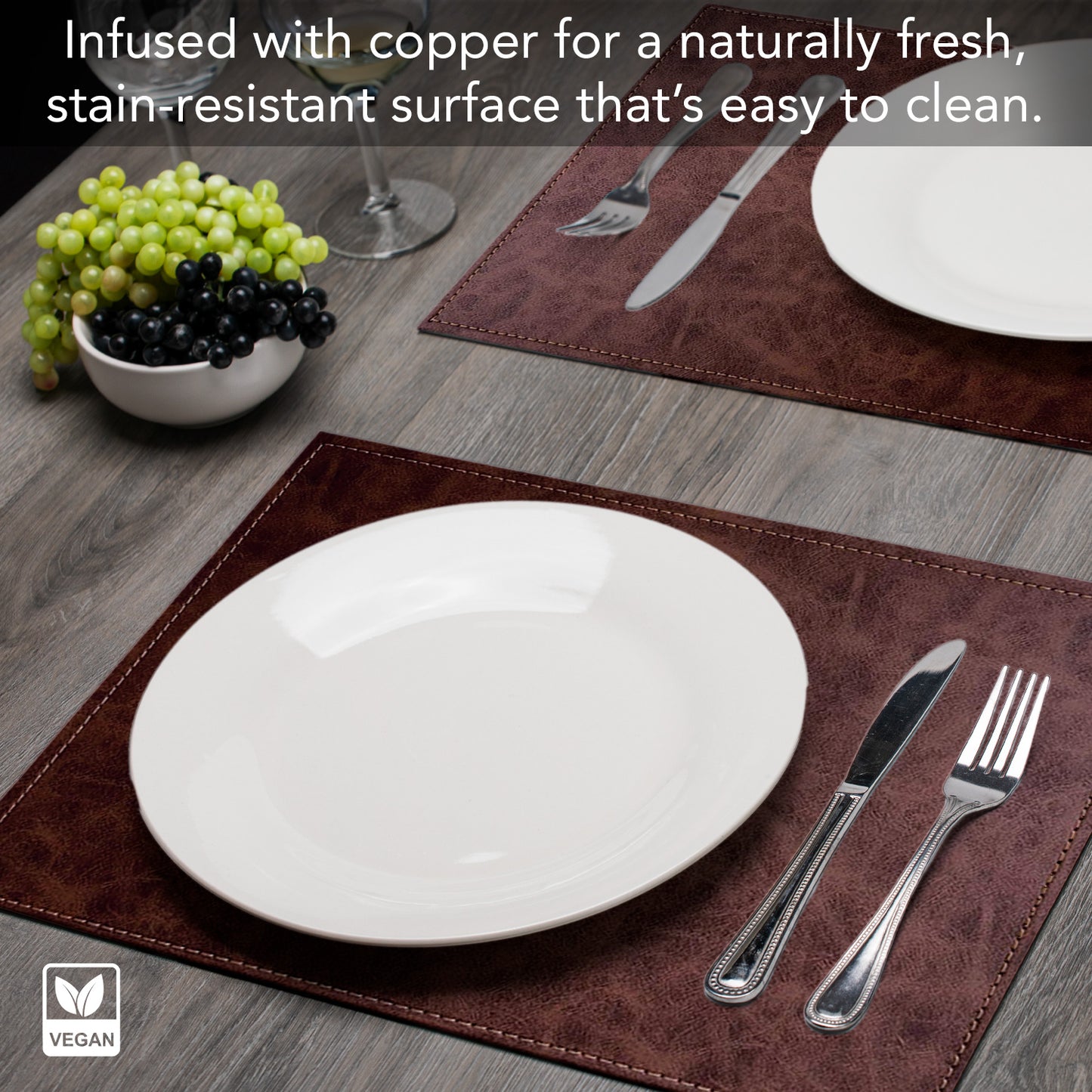 Luxurious Vegan Leather Placemats 4 Pack Look and Feel of Genuine Leather Infused with Copper