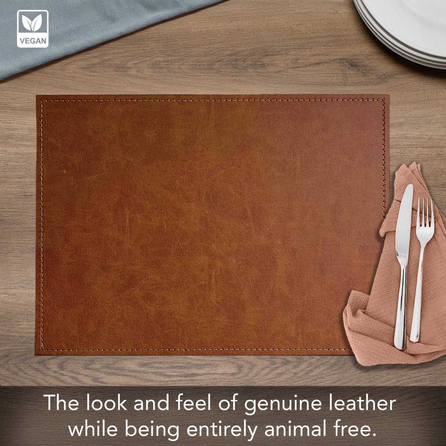 Luxurious Caramel Vegan Leather Placemats 4 Pack Look and Feel of Genuine Leather Infused with Copper