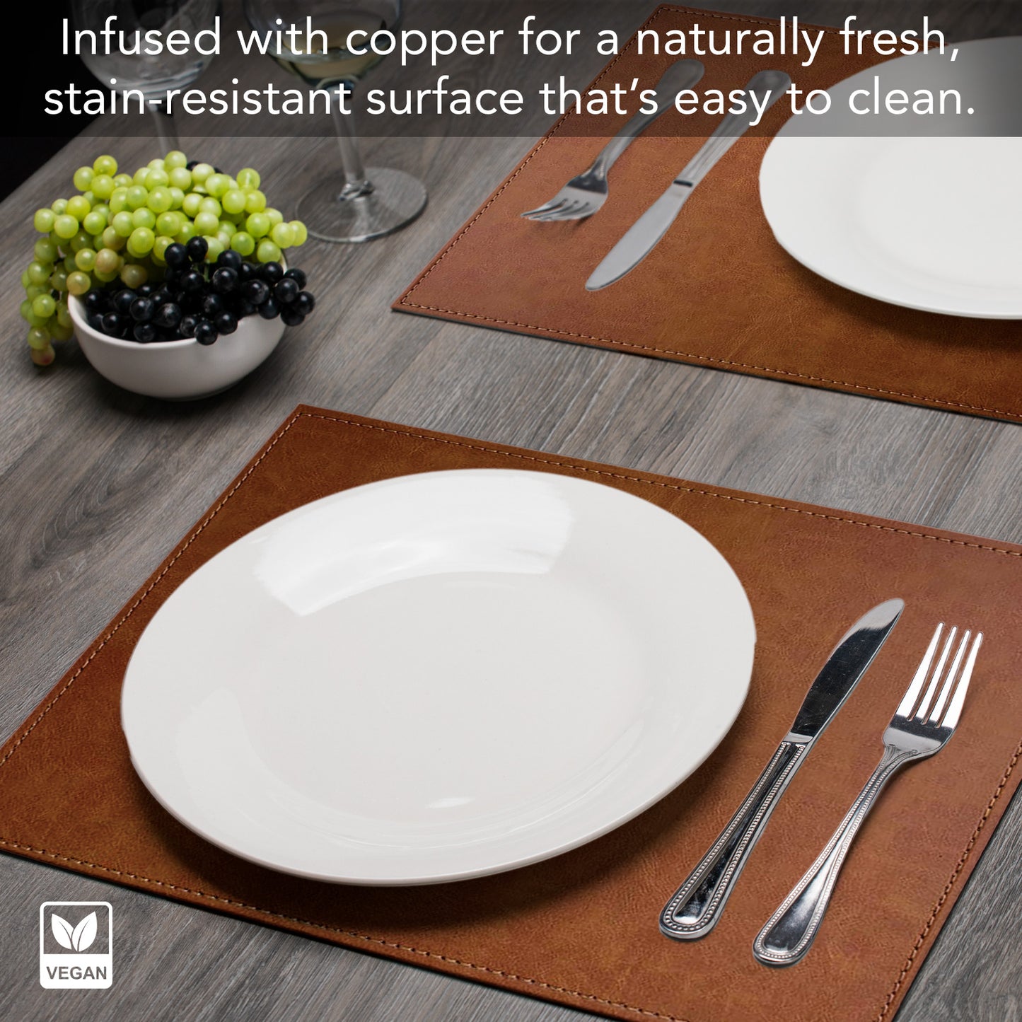 Luxurious Caramel Vegan Leather Placemats 4 Pack Look and Feel of Genuine Leather Infused with Copper
