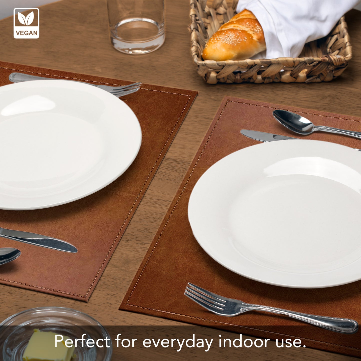Luxurious Caramel Vegan Leather Placemats 4 Pack Look and Feel of Genuine Leather Infused with Copper