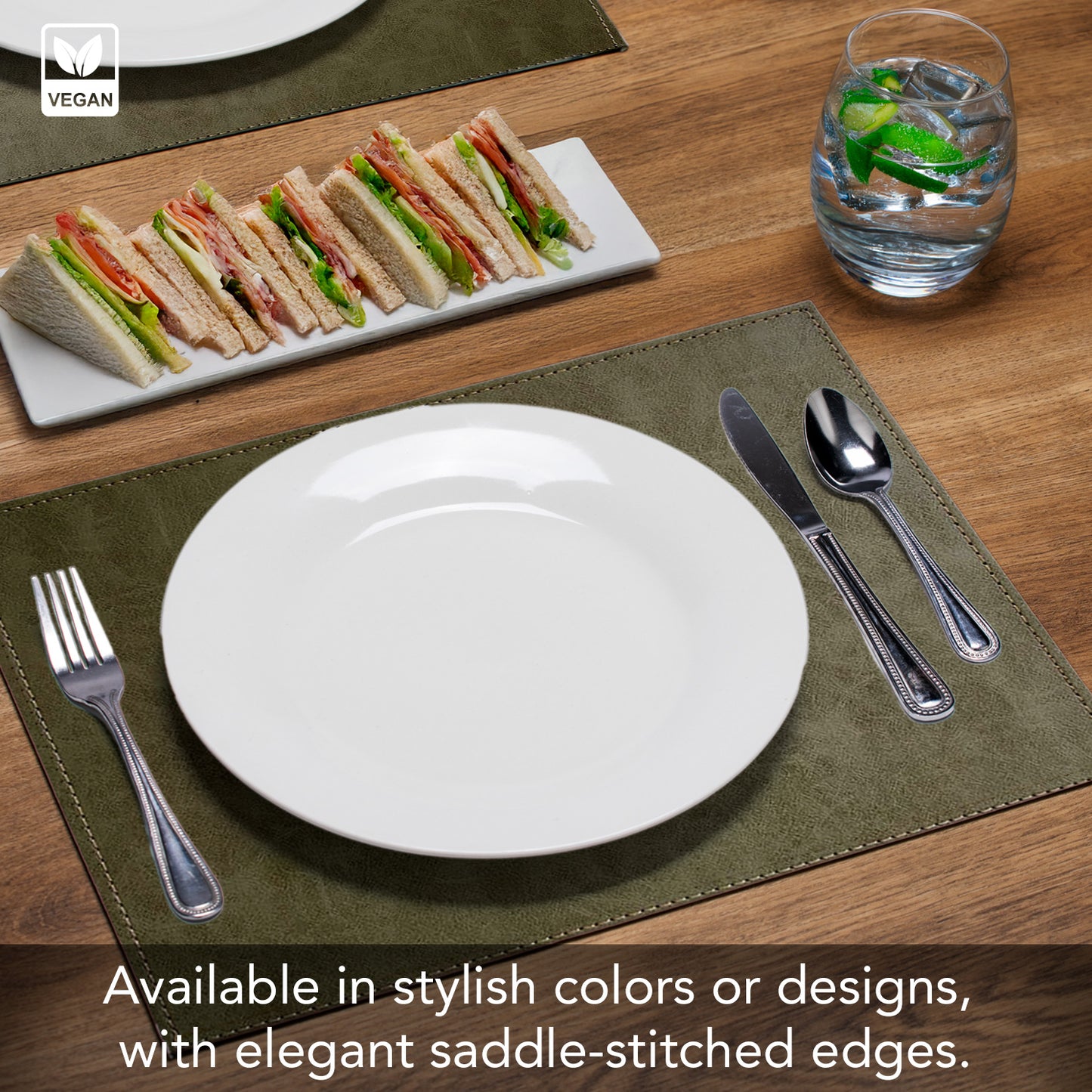 Luxurious Olive Vegan Leather Placemats 4 Pack Look and Feel of Genuine Leather Infused with Copper