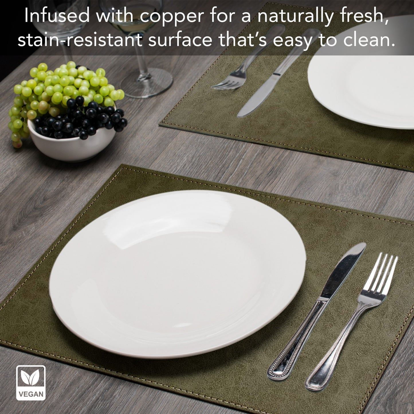 Luxurious Olive Vegan Leather Placemats 4 Pack Look and Feel of Genuine Leather Infused with Copper