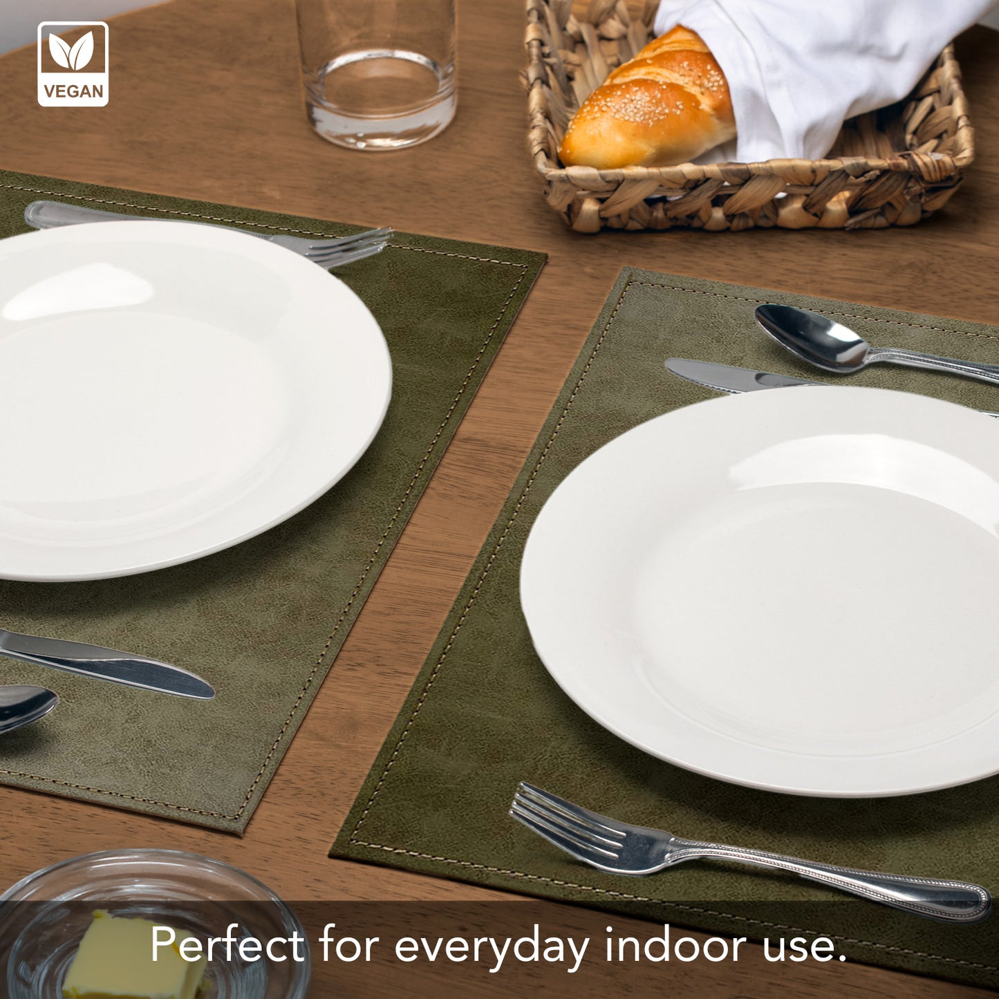 Luxurious Olive Vegan Leather Placemats 4 Pack Look and Feel of Genuine Leather Infused with Copper