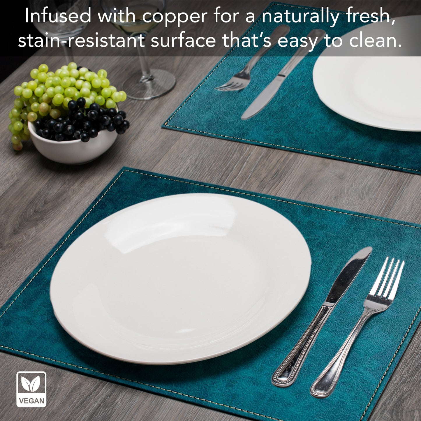 Luxurious Turquoise Vegan Leather Placemats 4 Pack Look and Feel of Genuine Leather Infused with Copper