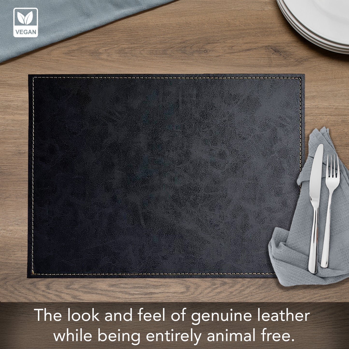 Luxurious Black Vegan Leather Placemats 4 Pack Look and Feel of Genuine Leather Infused with Copper