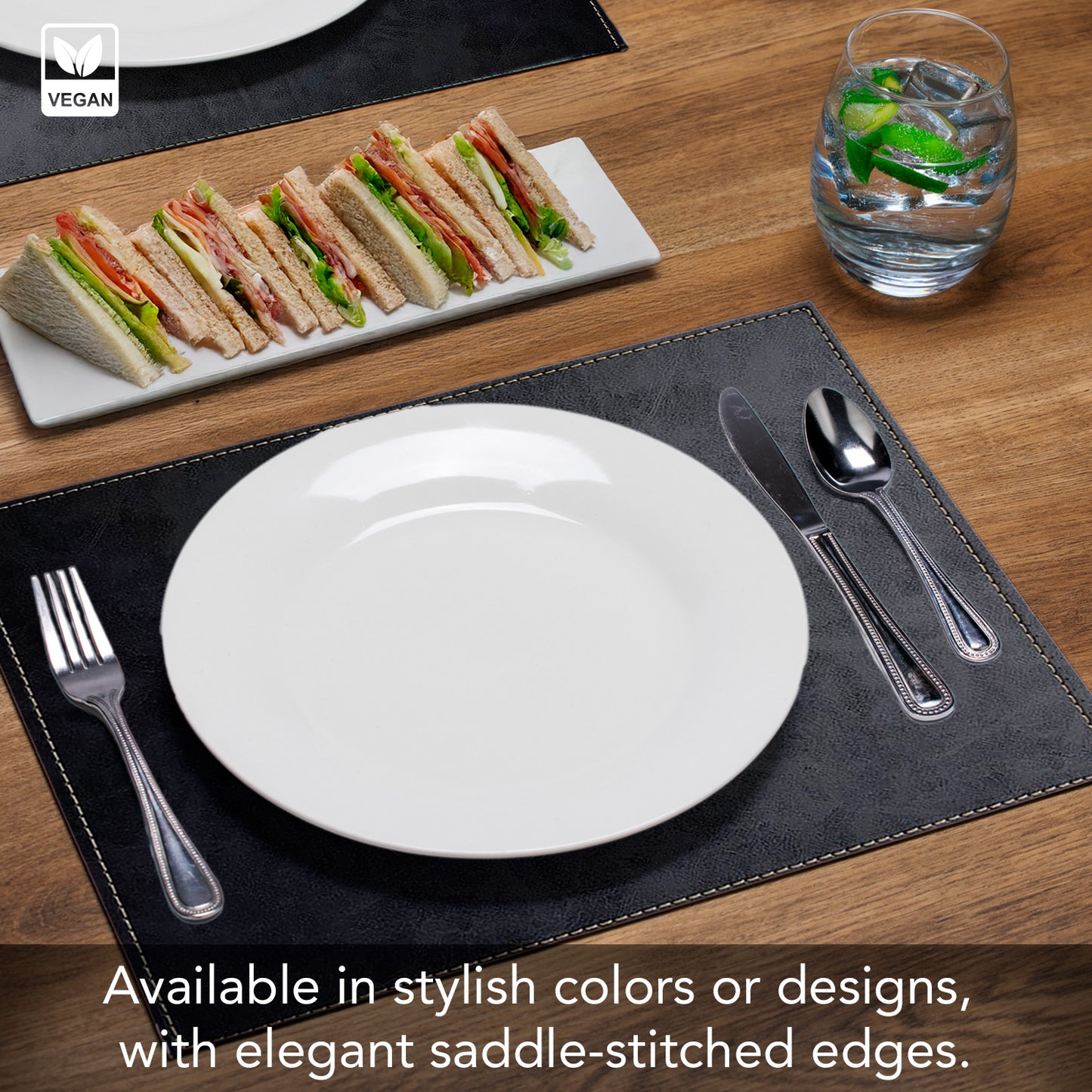 Luxurious Black Vegan Leather Placemats 4 Pack Look and Feel of Genuine Leather Infused with Copper