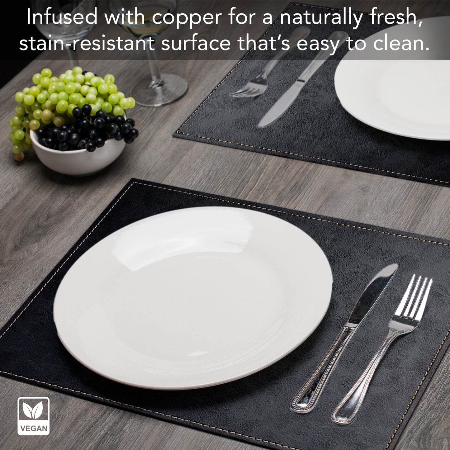 Luxurious Black Vegan Leather Placemats 4 Pack Look and Feel of Genuine Leather Infused with Copper