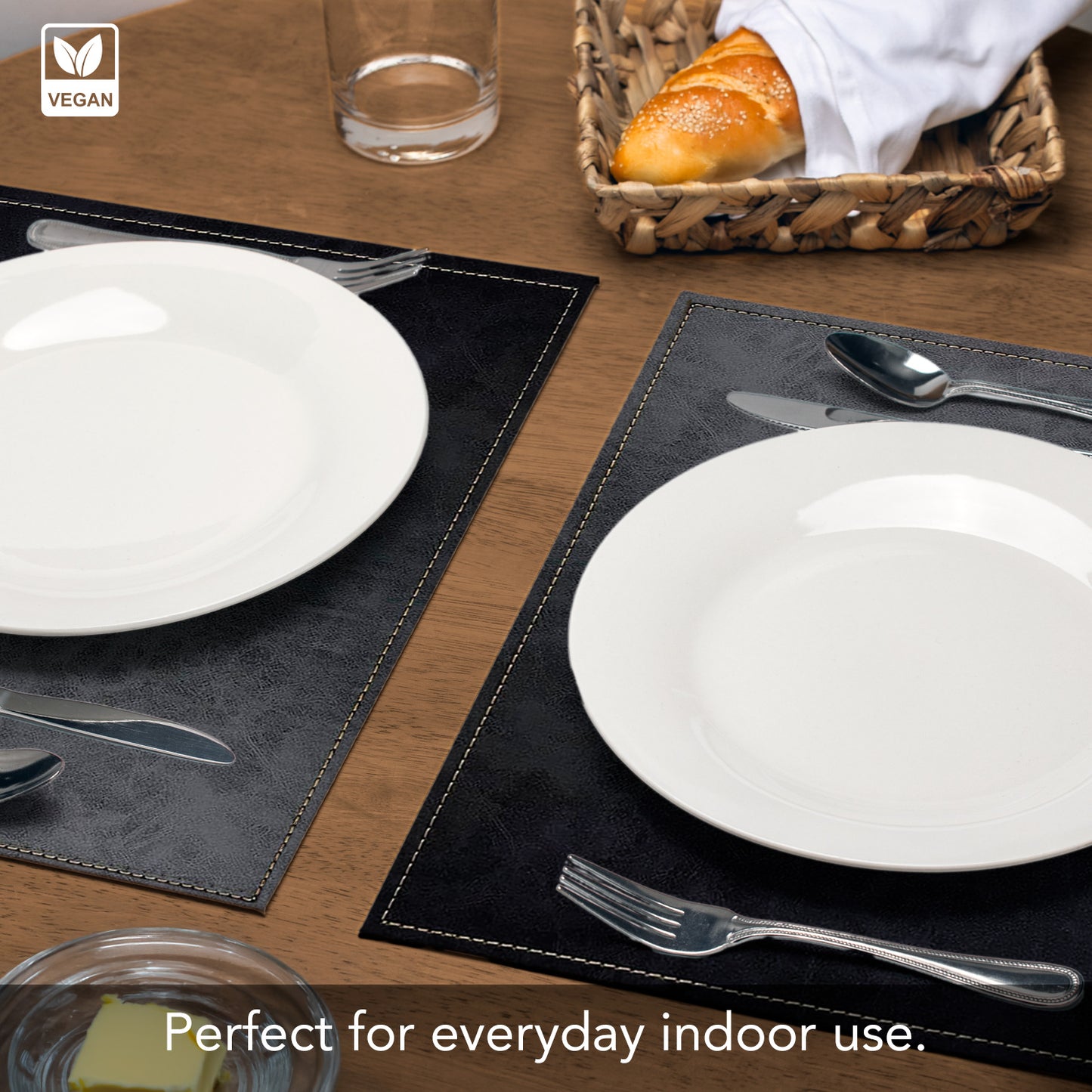 Luxurious Black Vegan Leather Placemats 4 Pack Look and Feel of Genuine Leather Infused with Copper