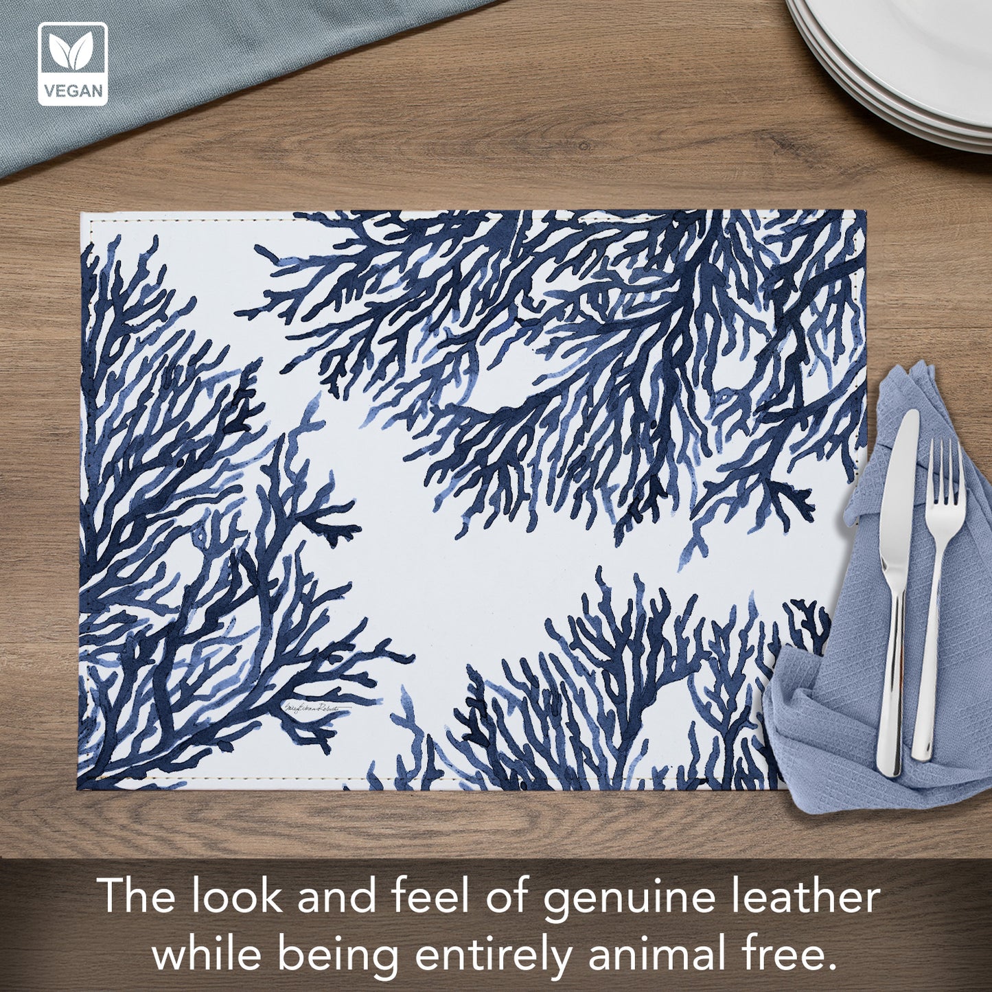 Blue Coral Luxurious Vegan Leather Placemat 4 Pack  Look and Feel of Genuine Leather Infused with Copper
