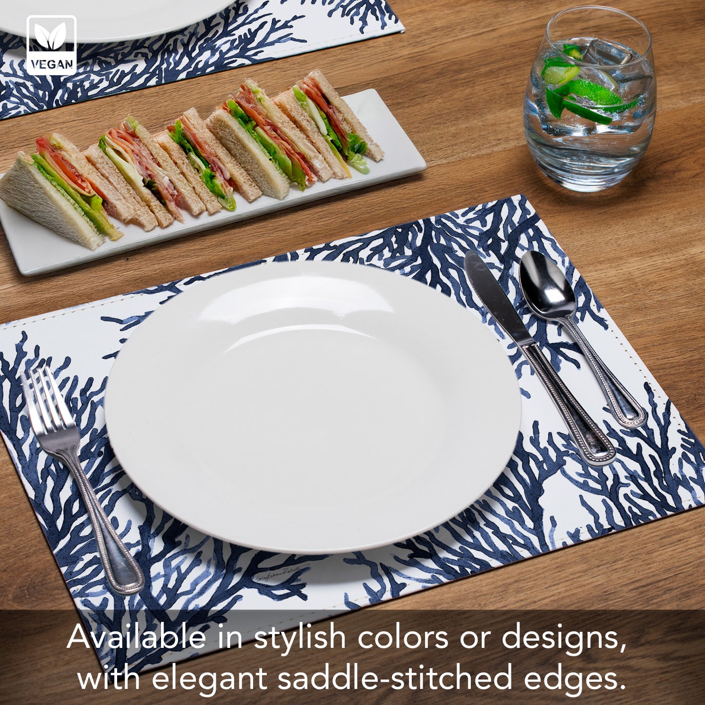 Blue Coral Luxurious Vegan Leather Placemat 4 Pack  Look and Feel of Genuine Leather Infused with Copper