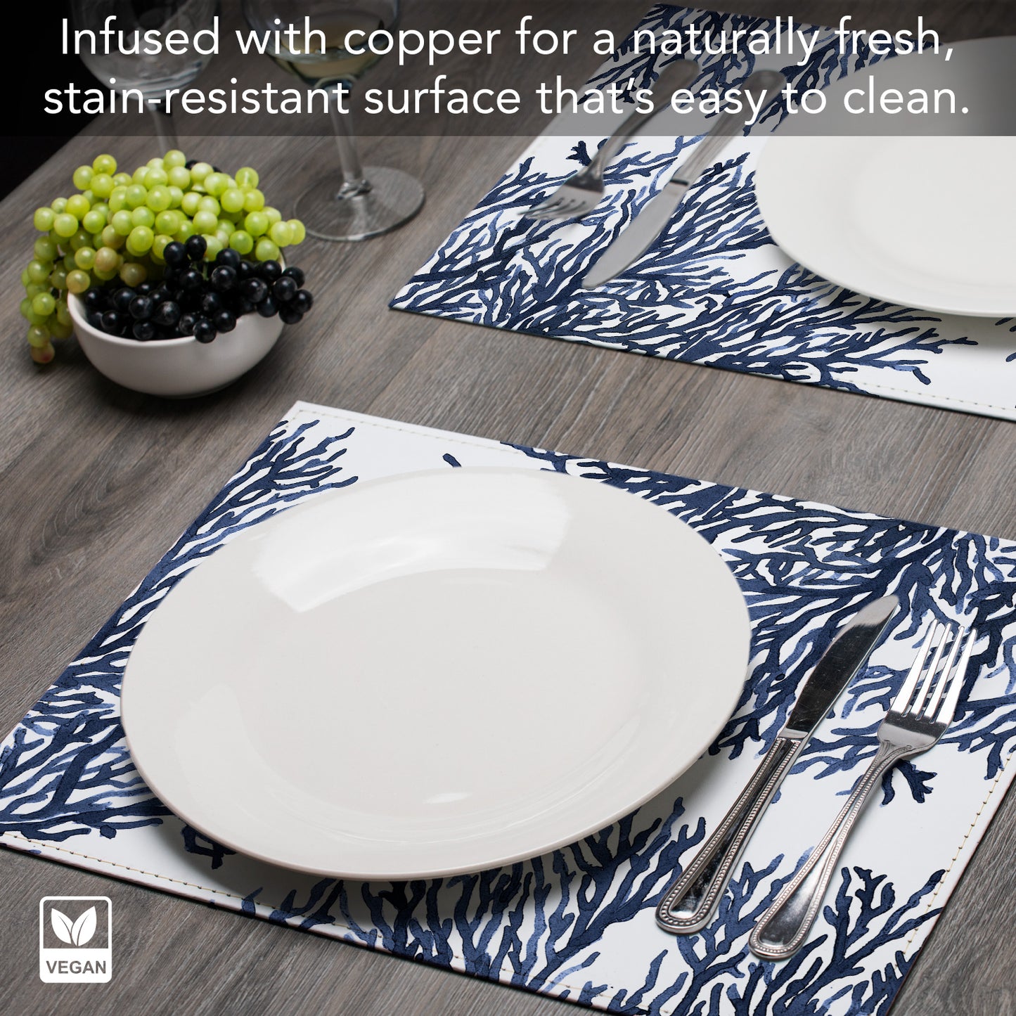 Blue Coral Luxurious Vegan Leather Placemat 4 Pack  Look and Feel of Genuine Leather Infused with Copper