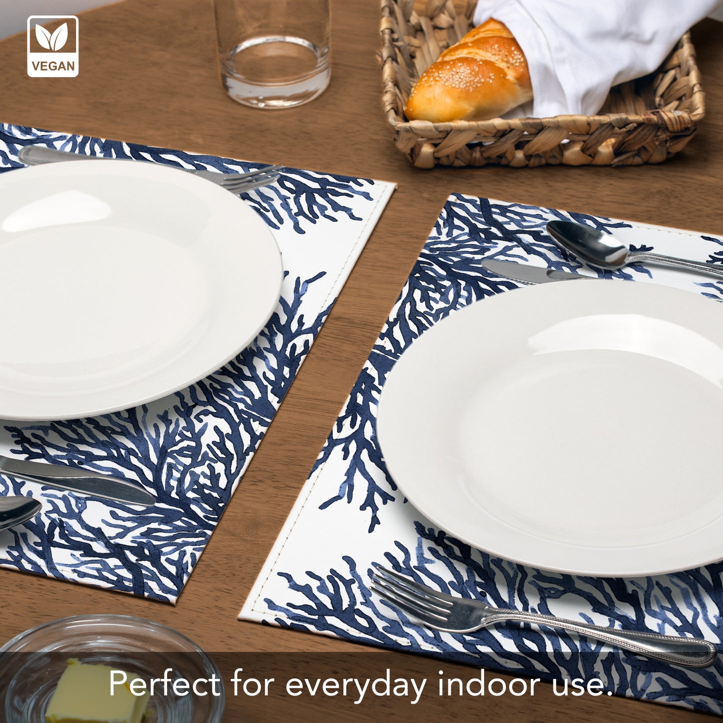 Blue Coral Luxurious Vegan Leather Placemat 4 Pack  Look and Feel of Genuine Leather Infused with Copper