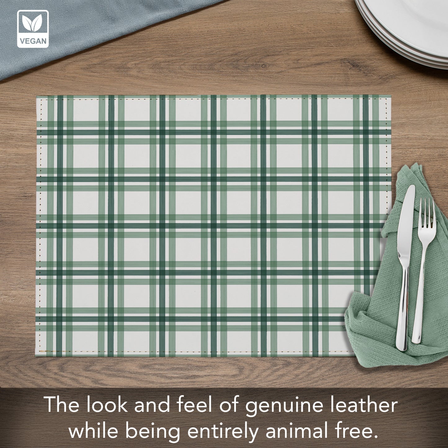 Green Plaid Luxurious Vegan Leather Placemats 4 Pack Look and Feel of Genuine Leather Infused with Copper