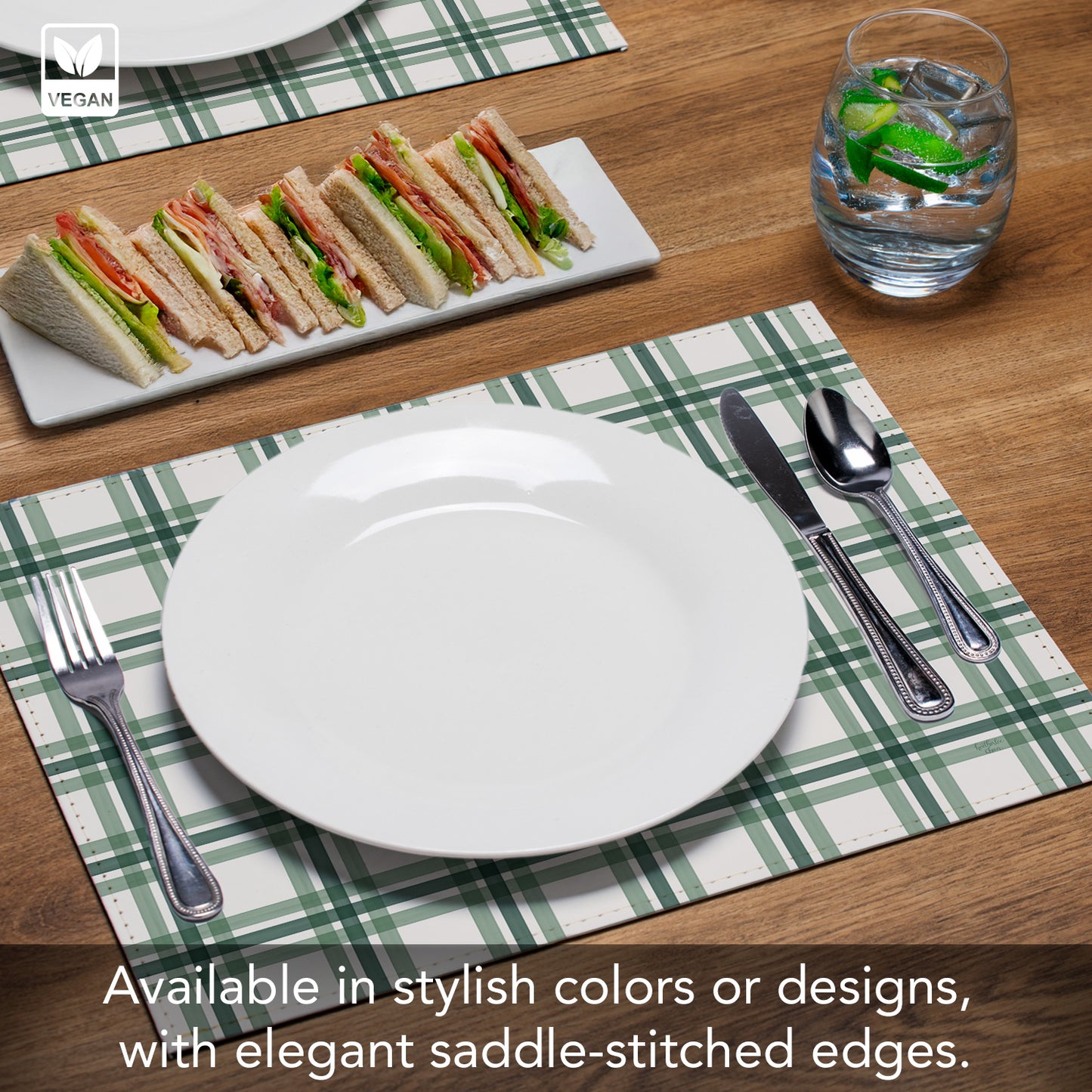 Green Plaid Luxurious Vegan Leather Placemats 4 Pack Look and Feel of Genuine Leather Infused with Copper