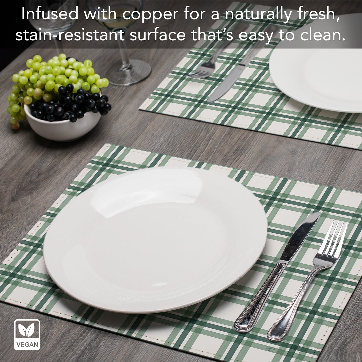 Green Plaid Luxurious Vegan Leather Placemats 4 Pack Look and Feel of Genuine Leather Infused with Copper