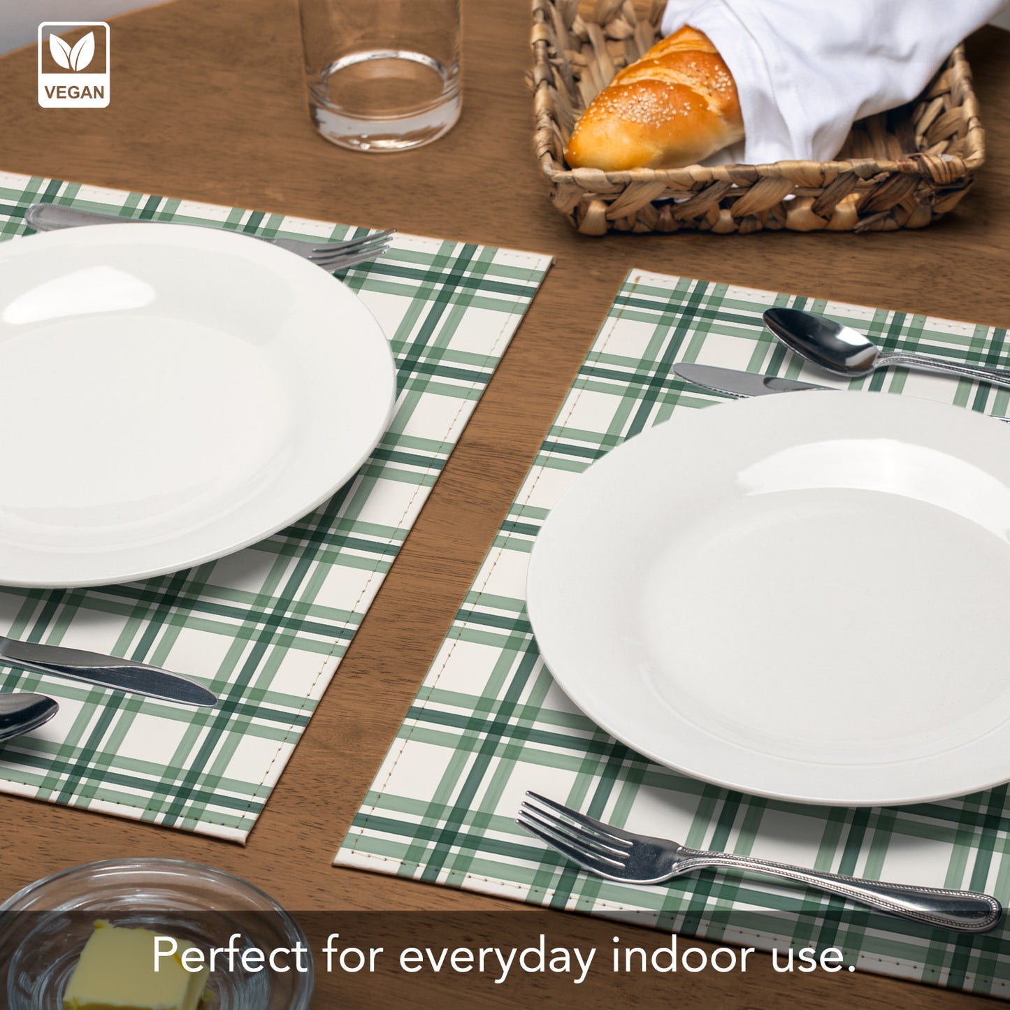 Green Plaid Luxurious Vegan Leather Placemats 4 Pack Look and Feel of Genuine Leather Infused with Copper