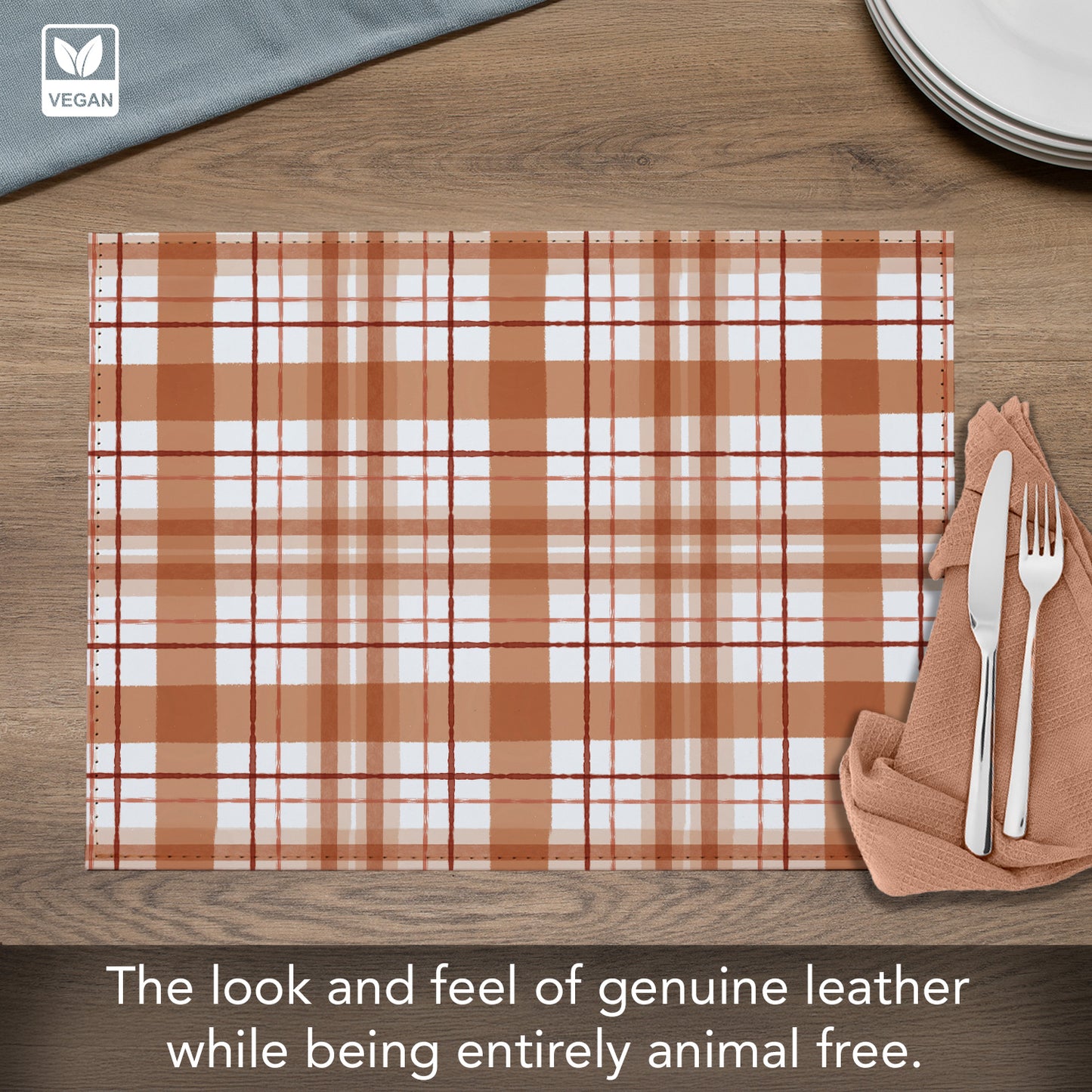 Rust Plaid Luxurious Vegan Leather Placemats 4 Pack Look and Feel of Genuine Leather Infused with Copper