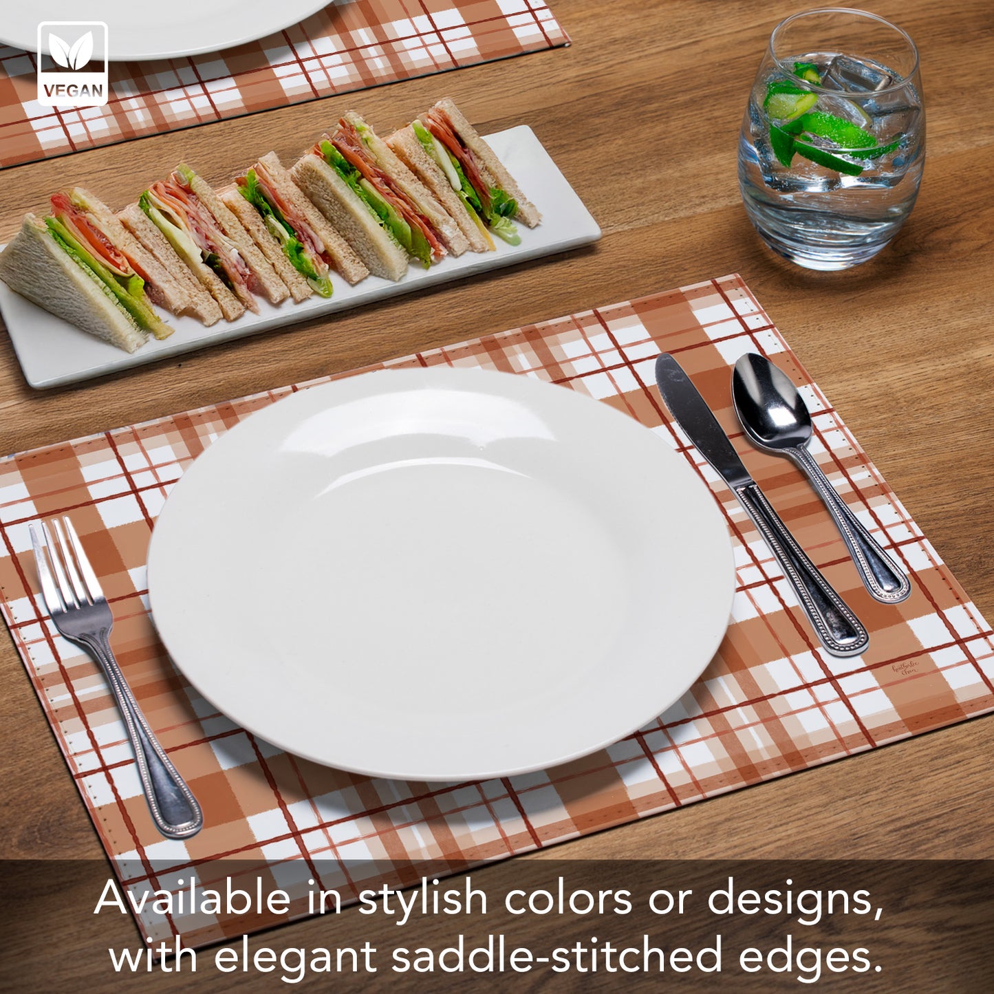 Rust Plaid Luxurious Vegan Leather Placemats 4 Pack Look and Feel of Genuine Leather Infused with Copper
