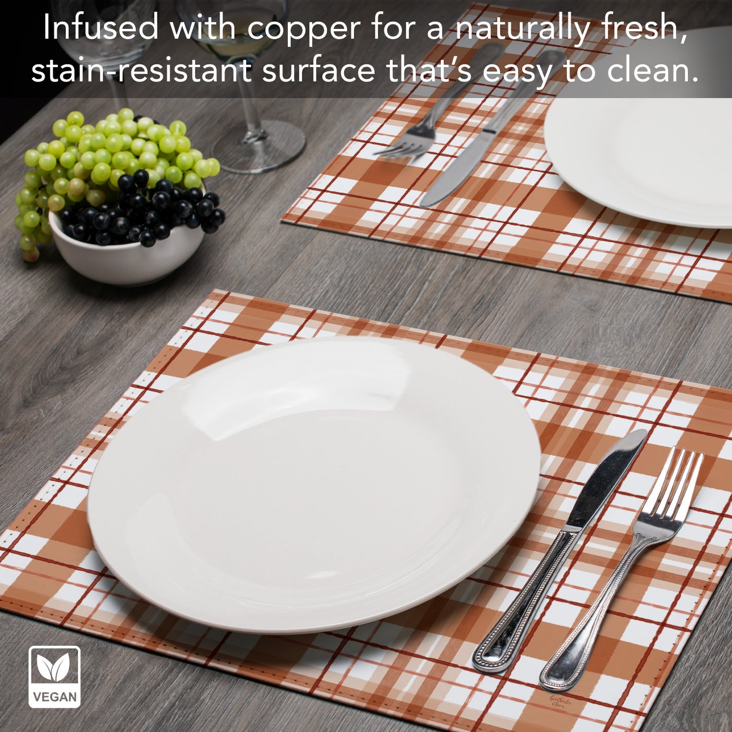 Rust Plaid Luxurious Vegan Leather Placemats 4 Pack Look and Feel of Genuine Leather Infused with Copper