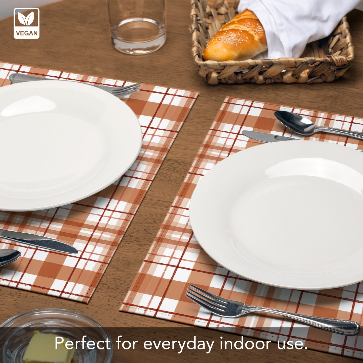 Rust Plaid Luxurious Vegan Leather Placemats 4 Pack Look and Feel of Genuine Leather Infused with Copper