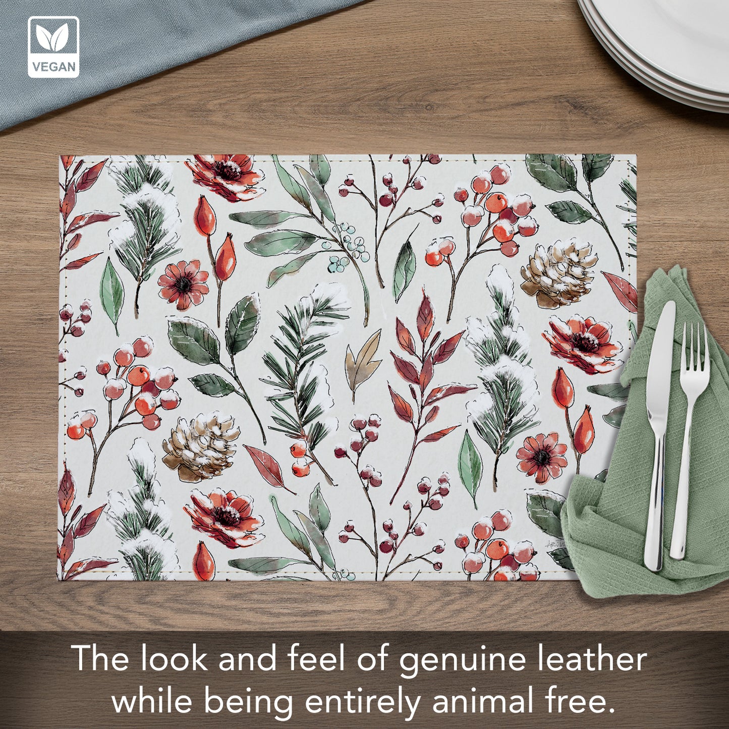 Festive Blooms Luxurious Vegan Leather Placemats 4 Pack Look and Feel of Genuine Leather Infused with Copper