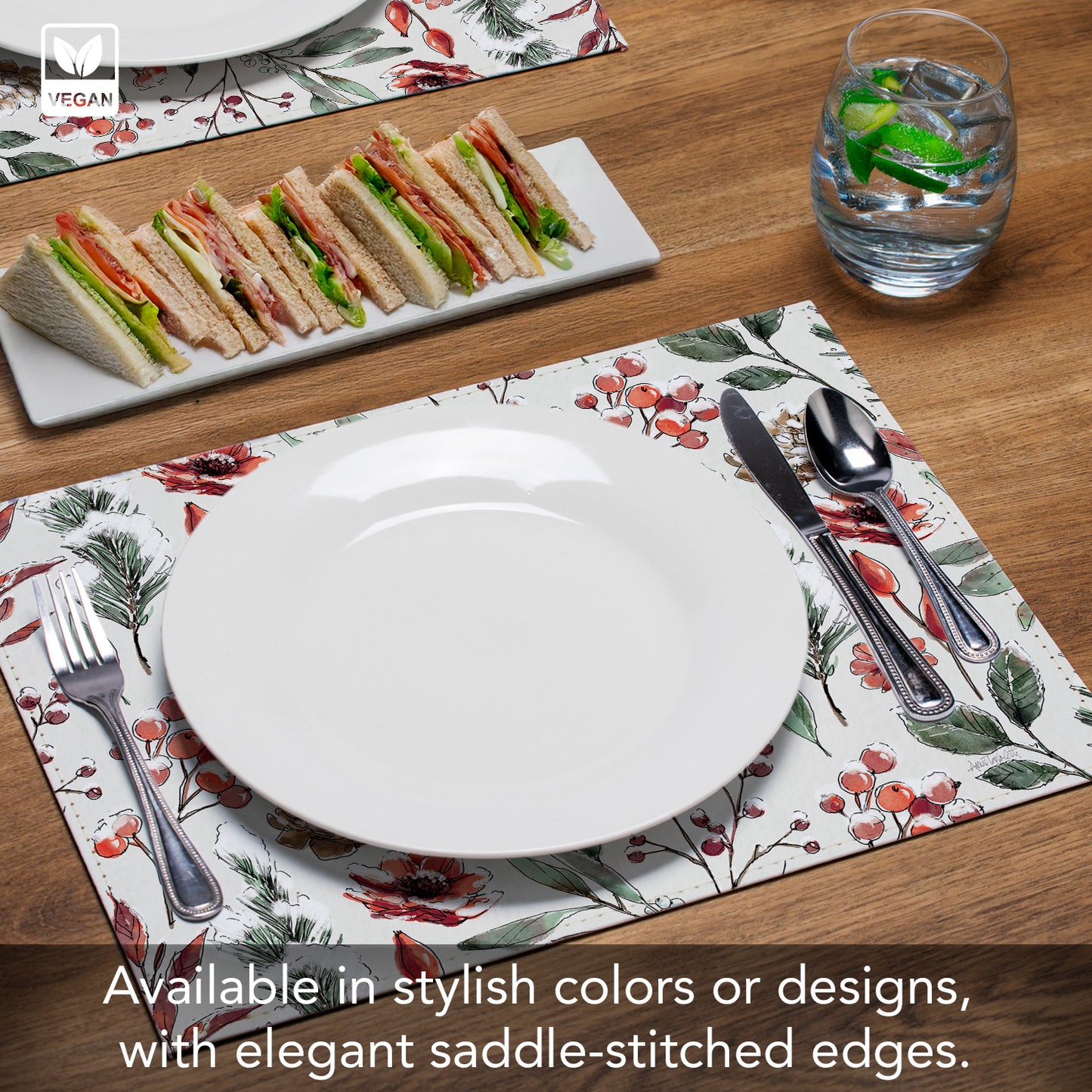 Festive Blooms Luxurious Vegan Leather Placemats 4 Pack Look and Feel of Genuine Leather Infused with Copper