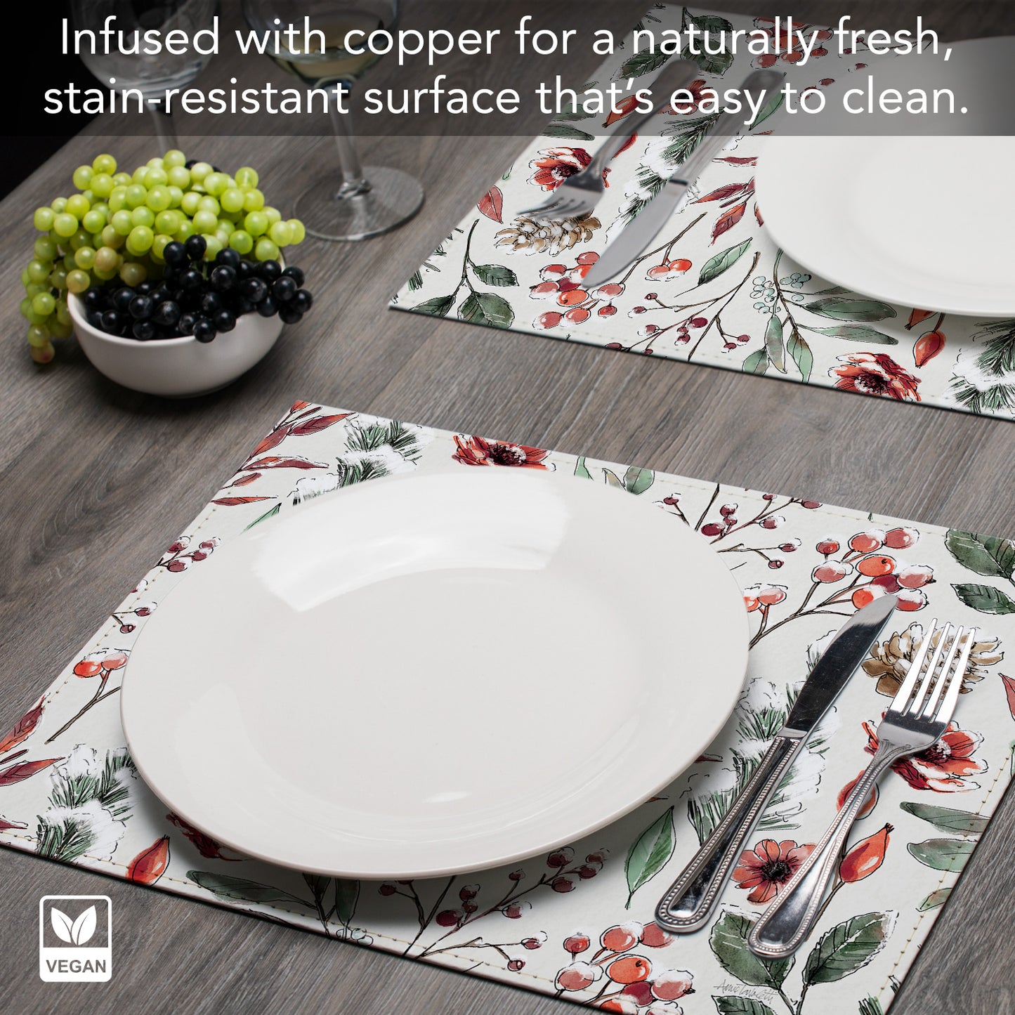 Festive Blooms Luxurious Vegan Leather Placemats 4 Pack Look and Feel of Genuine Leather Infused with Copper