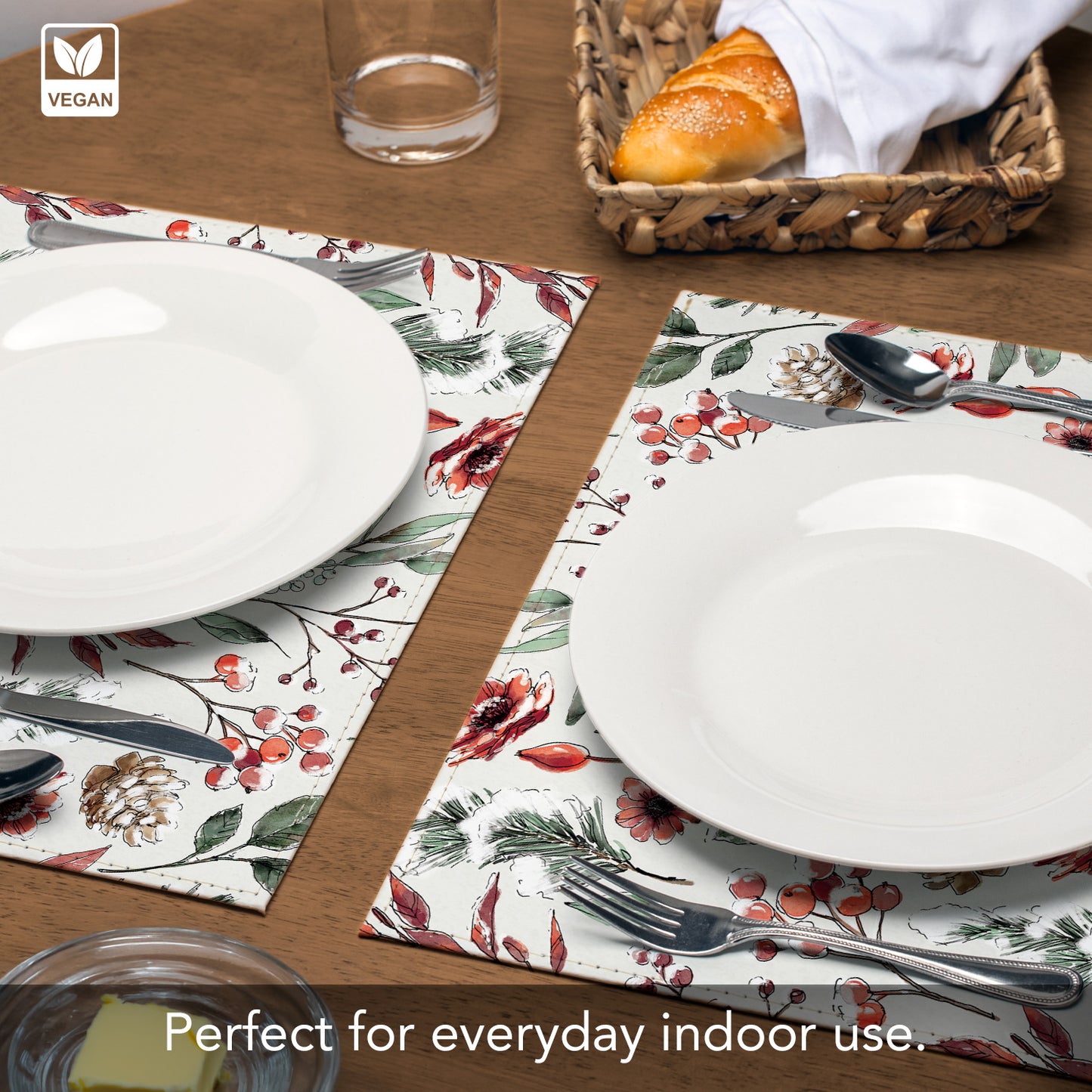 Festive Blooms Luxurious Vegan Leather Placemats 4 Pack Look and Feel of Genuine Leather Infused with Copper