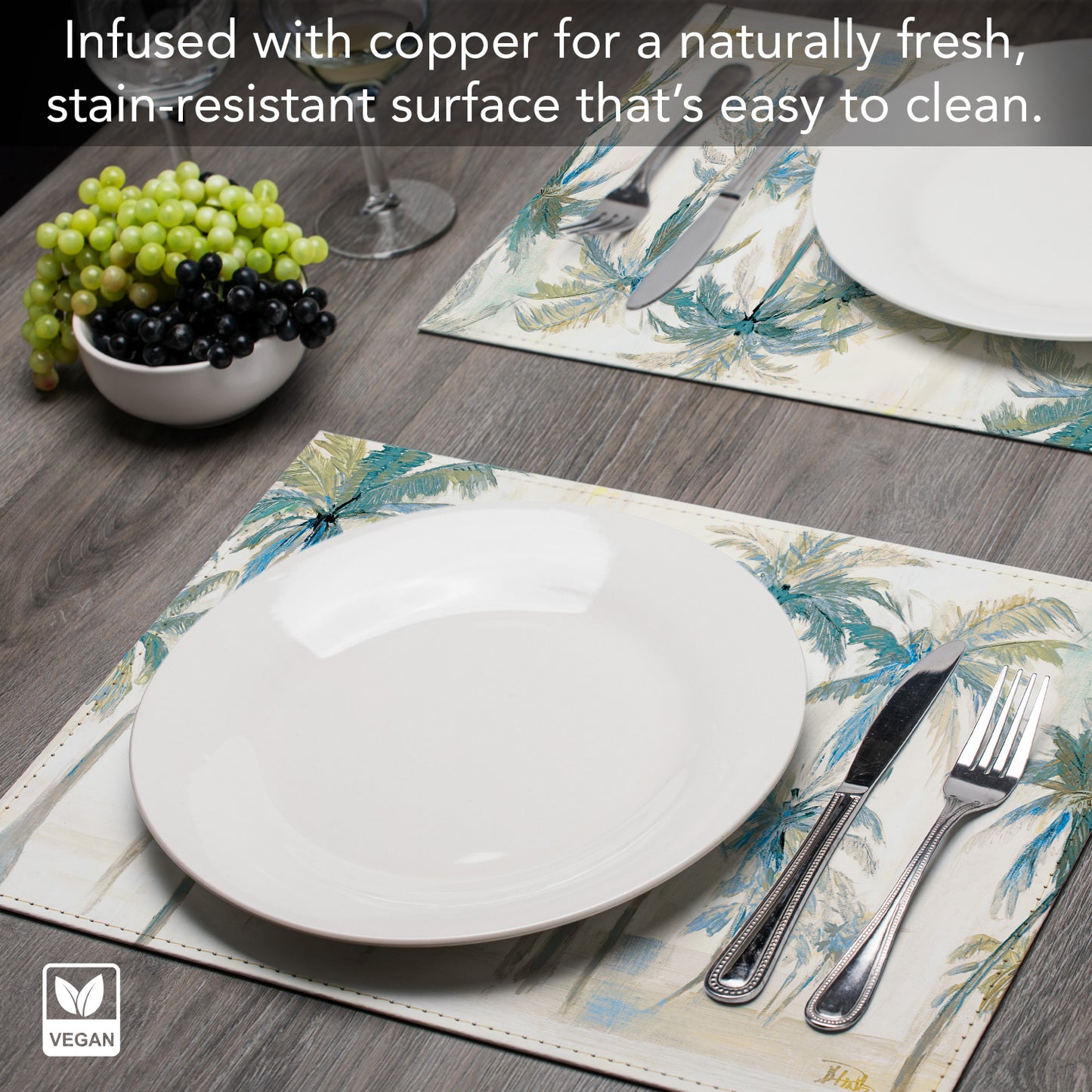 Palms Luxurious Vegan Leather Placemats 4 Pack Look and Feel of Genuine Leather Infused with Copper