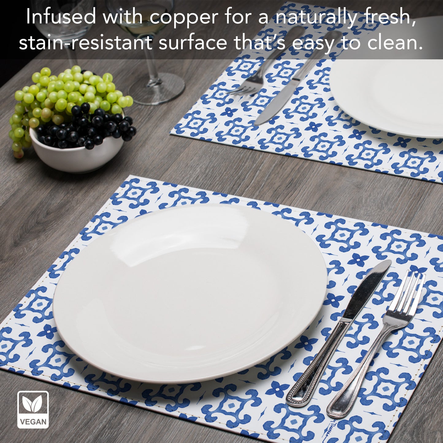 Le Jardin Luxurious Vegan Leather Placemat 4 Pack  Look and Feel of Genuine Leather Infused with Copper