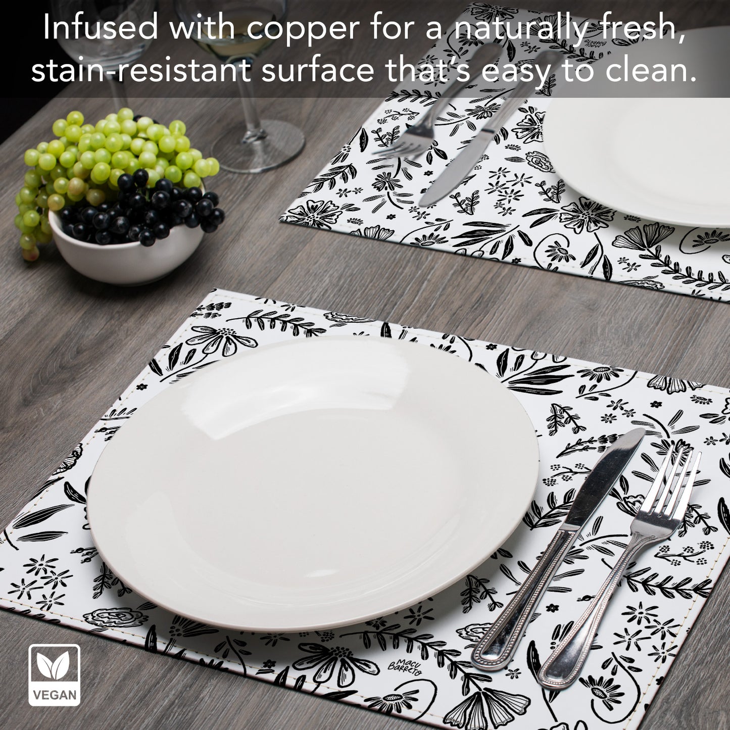 Floral Home Luxurious Vegan Leather Placemats 4 Pack Look and Feel of Genuine Leather Infused with Copper