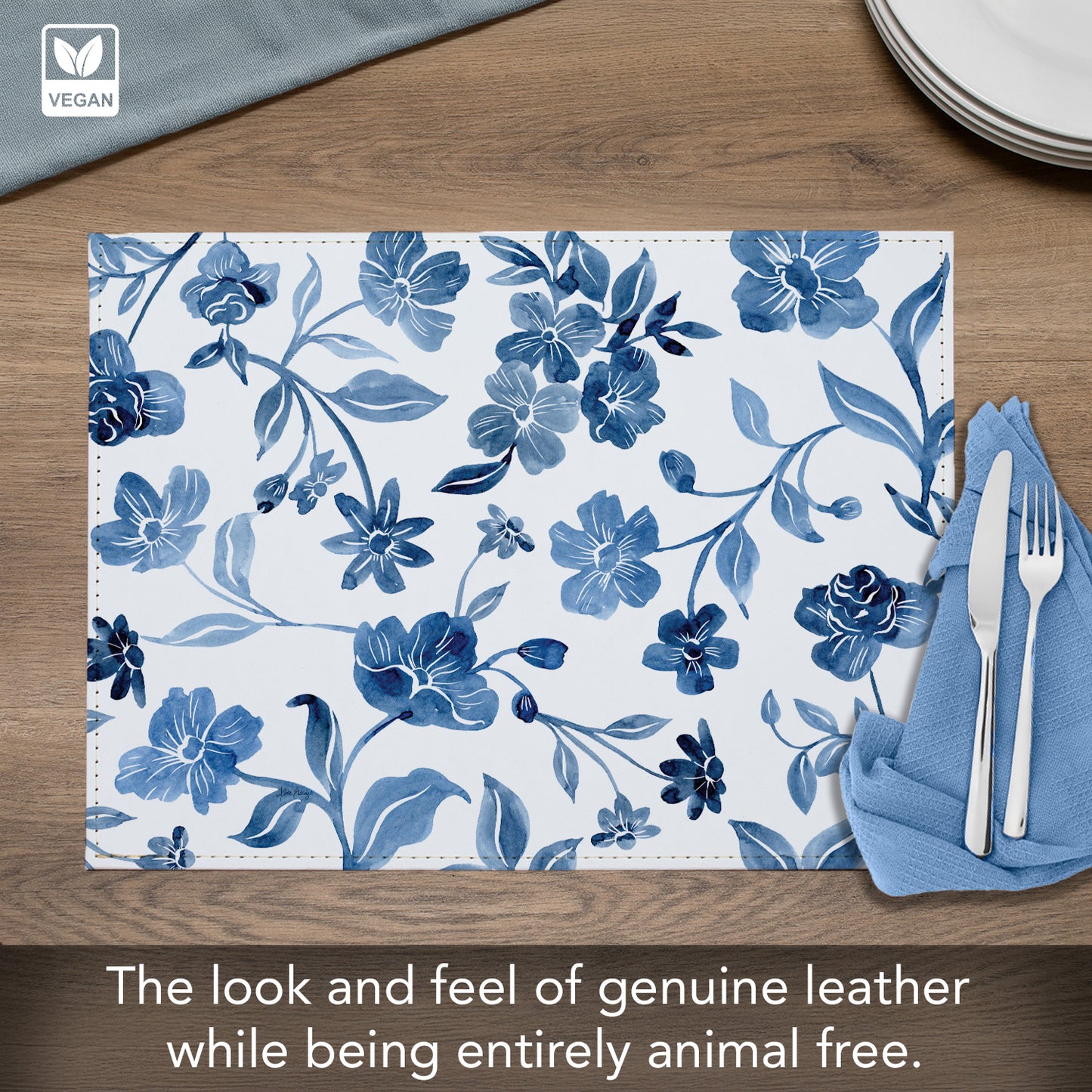Dainty Blues Luxurious Vegan Leather Placemats 4 Pack Look and Feel of Genuine Leather Infused with Copper