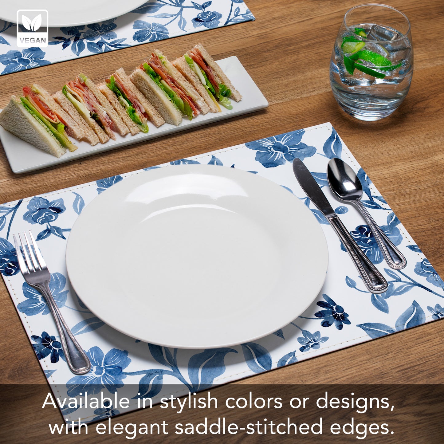 Dainty Blues Luxurious Vegan Leather Placemats 4 Pack Look and Feel of Genuine Leather Infused with Copper