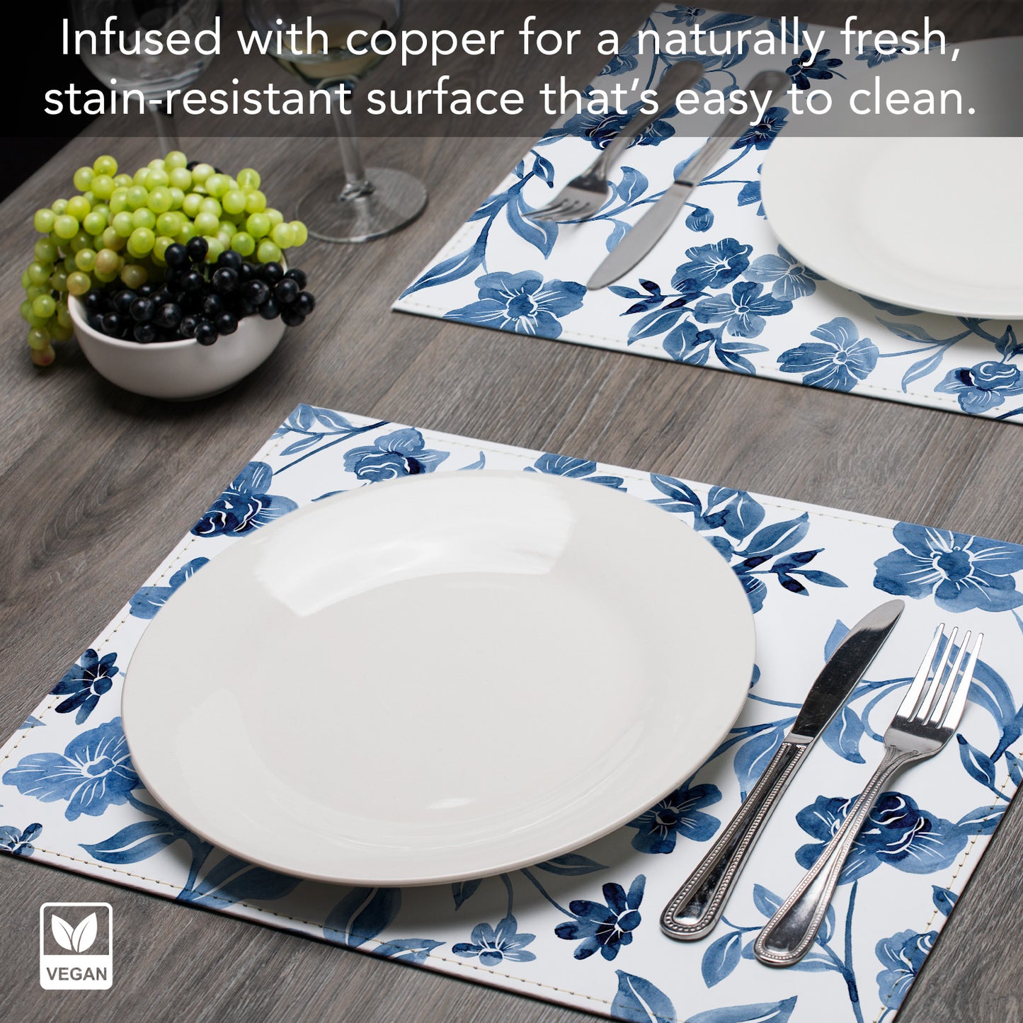 Dainty Blues Luxurious Vegan Leather Placemats 4 Pack Look and Feel of Genuine Leather Infused with Copper