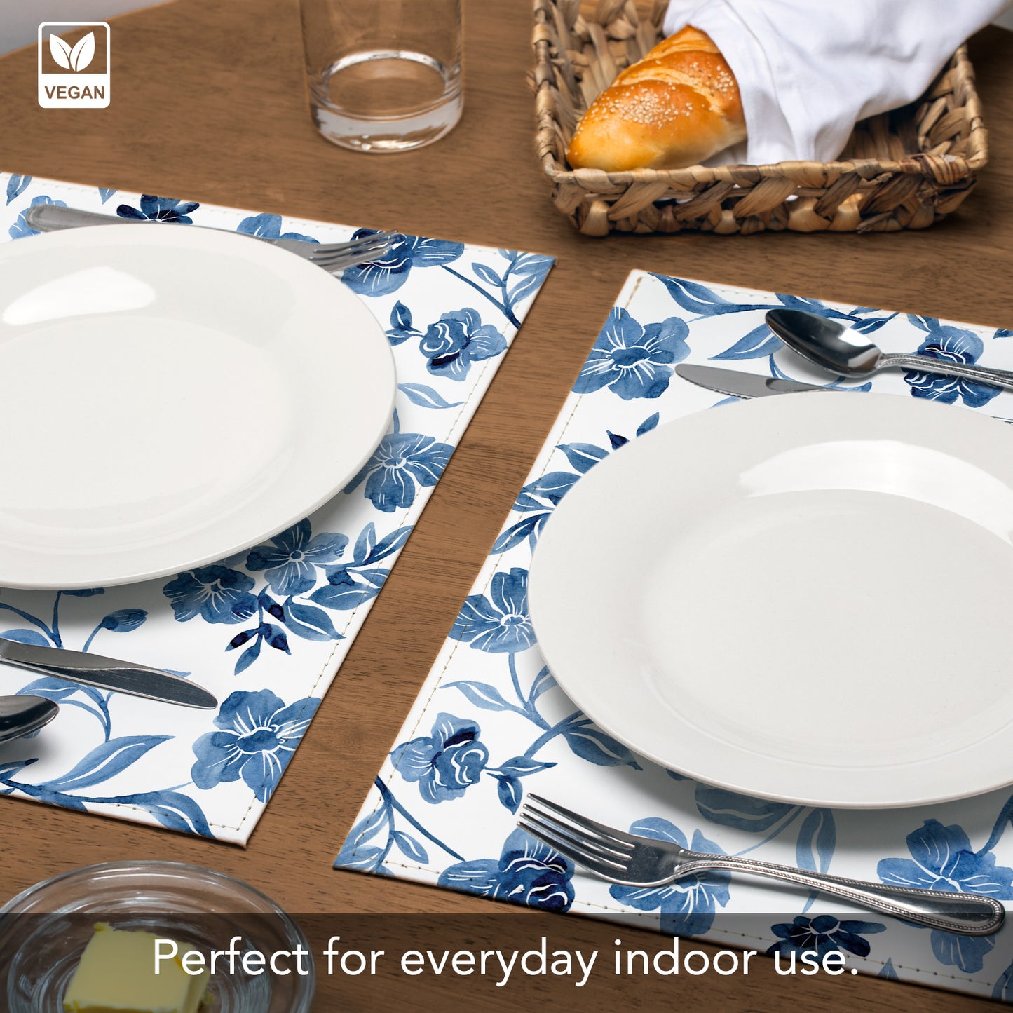 Dainty Blues Luxurious Vegan Leather Placemats 4 Pack Look and Feel of Genuine Leather Infused with Copper