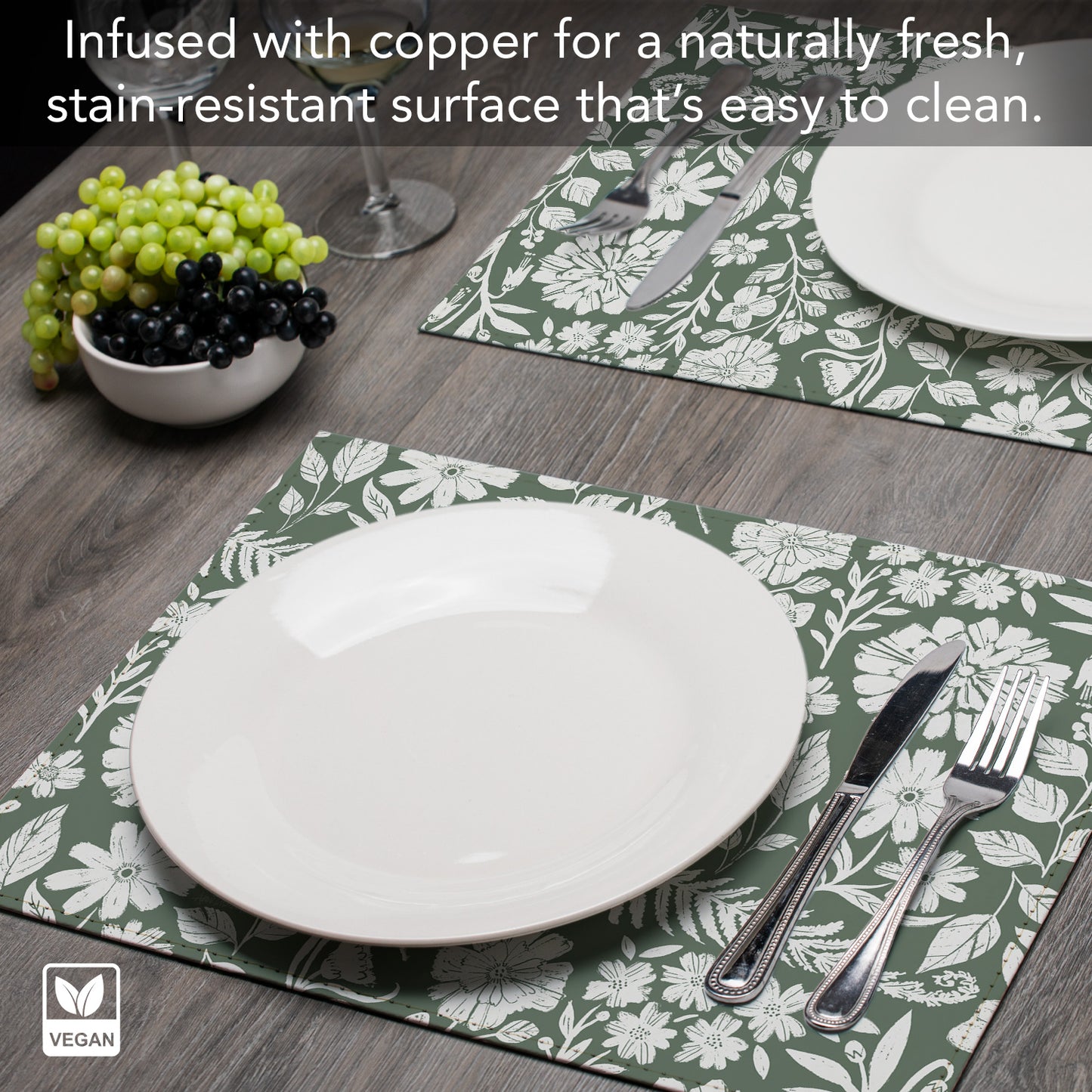 Flower Fest Luxurious Vegan Leather Placemats 4 Pack Look and Feel of Genuine Leather Infused with Copper
