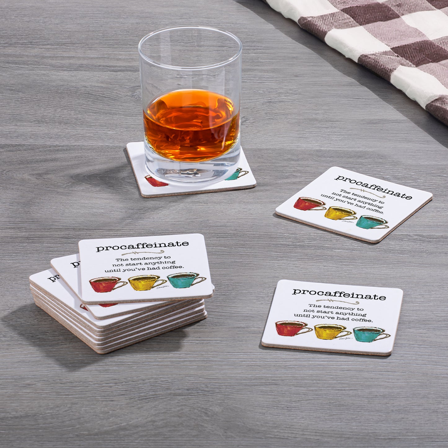 Thirstystone Pro-Caffeinate 12-Pack Cork Back Paper Bar Coasters Made in The USA Humourous Quotes Attractive Designs