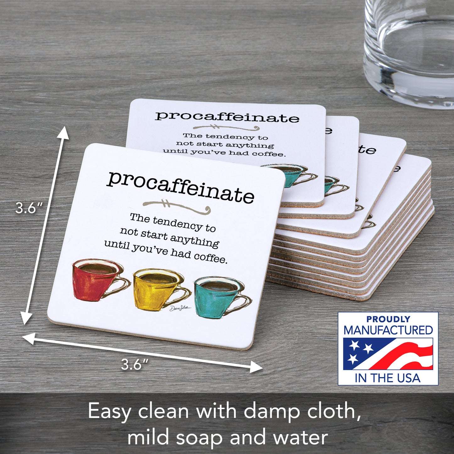 Thirstystone Pro-Caffeinate 12-Pack Cork Back Paper Bar Coasters Made in The USA Humourous Quotes Attractive Designs