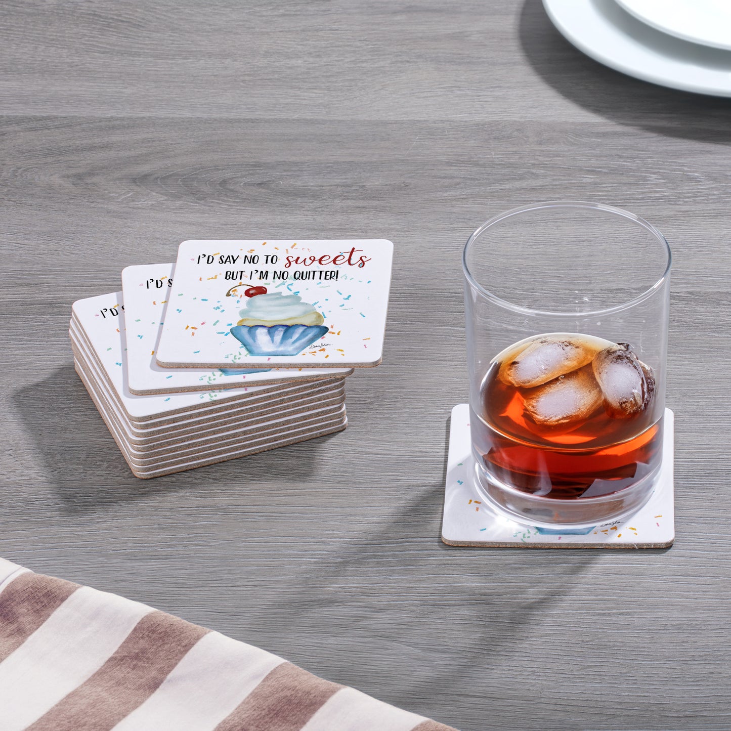 Thirstystone No Sweets 12-Pack Cork Back Paper Bar Coasters Made in The USA Humourous Quotes Attractive Designs