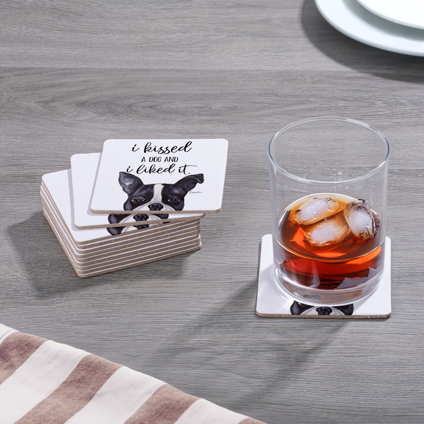 Thirstystone Kissed A Dog 12-Pack Cork Back Paper Bar Coasters Made in The USA Humourous Quotes Attractive Designs