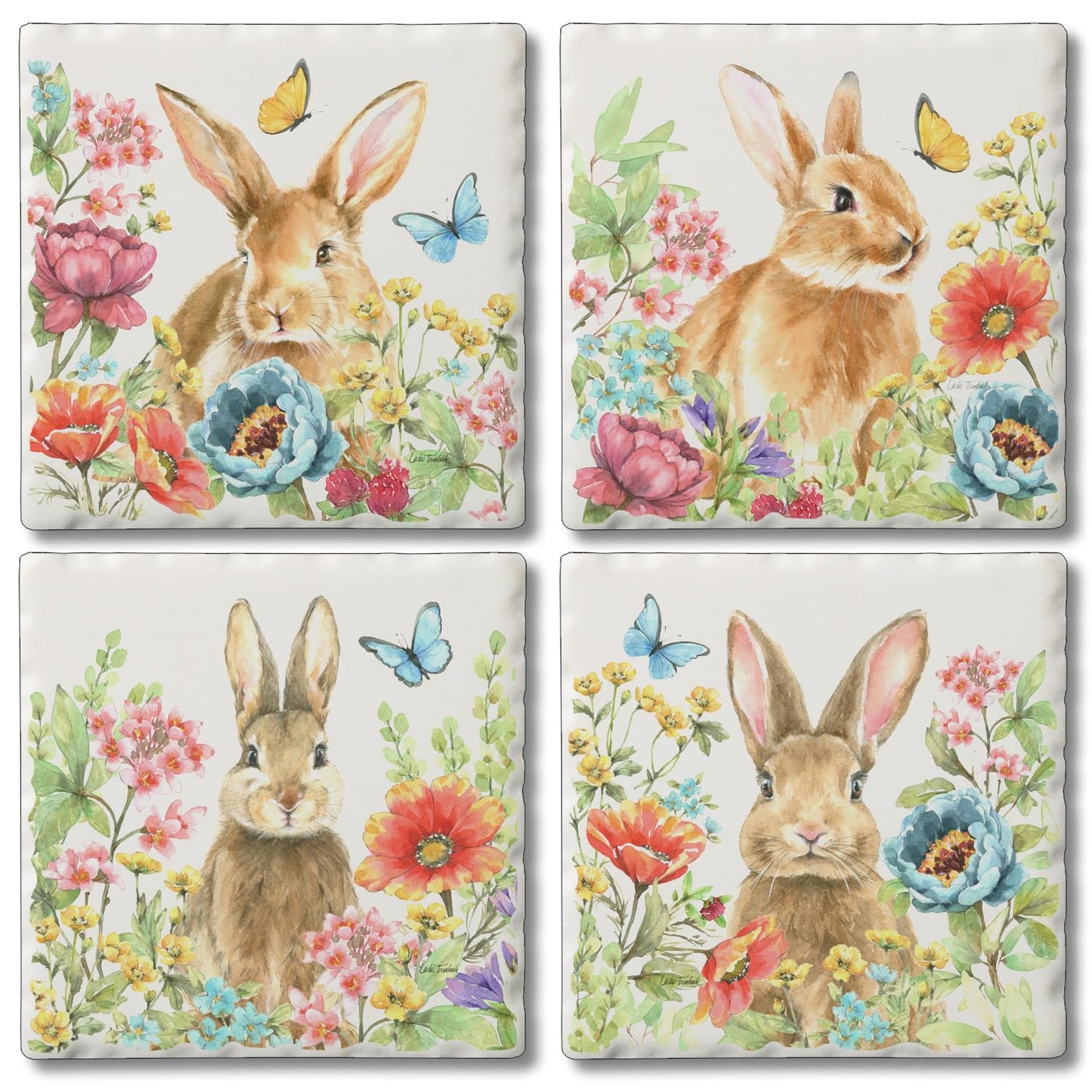 Thirstystone Garden Bunnies 4 Pack Assorted Tumbled Tile Stone Coasters 4" Square