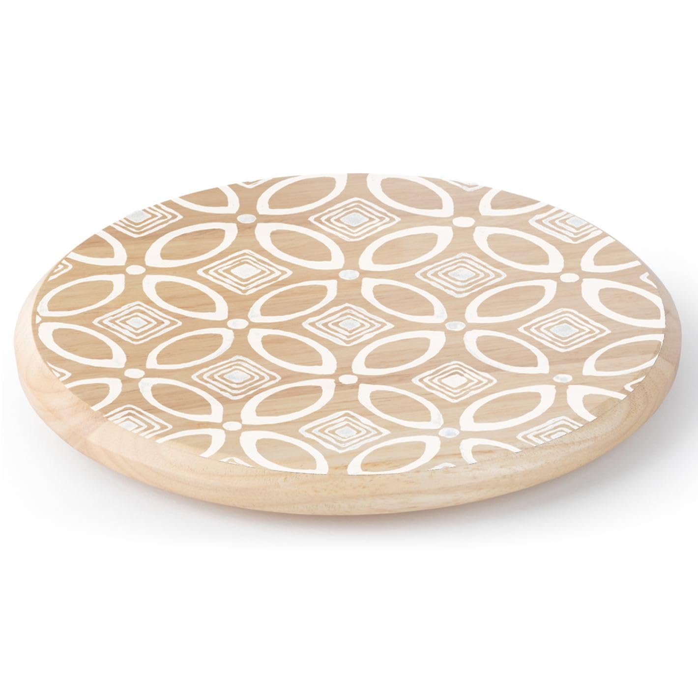 CounterArt White Geometric Pattern Wood Lazy Susan Turntable 14" Diameter for Serving Kitchen Organization Condiment Caddy