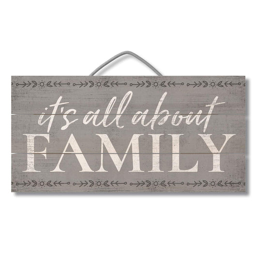All About Family Decorative Slatted Pallet Wood Sign 12" x 6" Made in The USA Wire Hanger Doubles as an Easel
