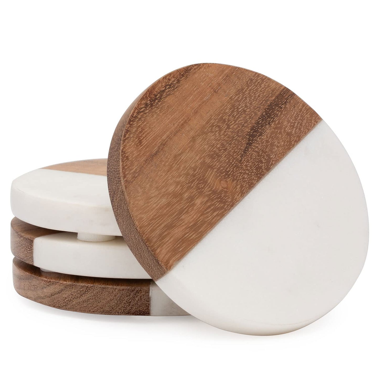 Thirstystone 4 Pack Natural Marble & Acacia Wood Round Coasters 4" Elegant Heat Tolerant Protects Surfaces