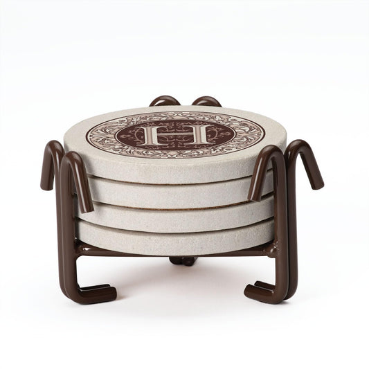 Thirstystone 4 Pack Monogram Letter H Sandstone Coasters in Bronze Iron Ram Coaster Holder 4.75" x 4.38" x 2.75"