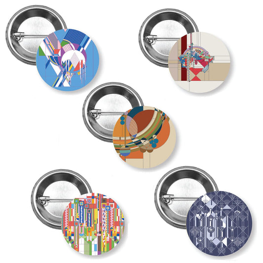 Frank Lloyd Wright 5 Piece Button Collection Liberty Covers Designs 1.5”Diameter Manufactured in the USA