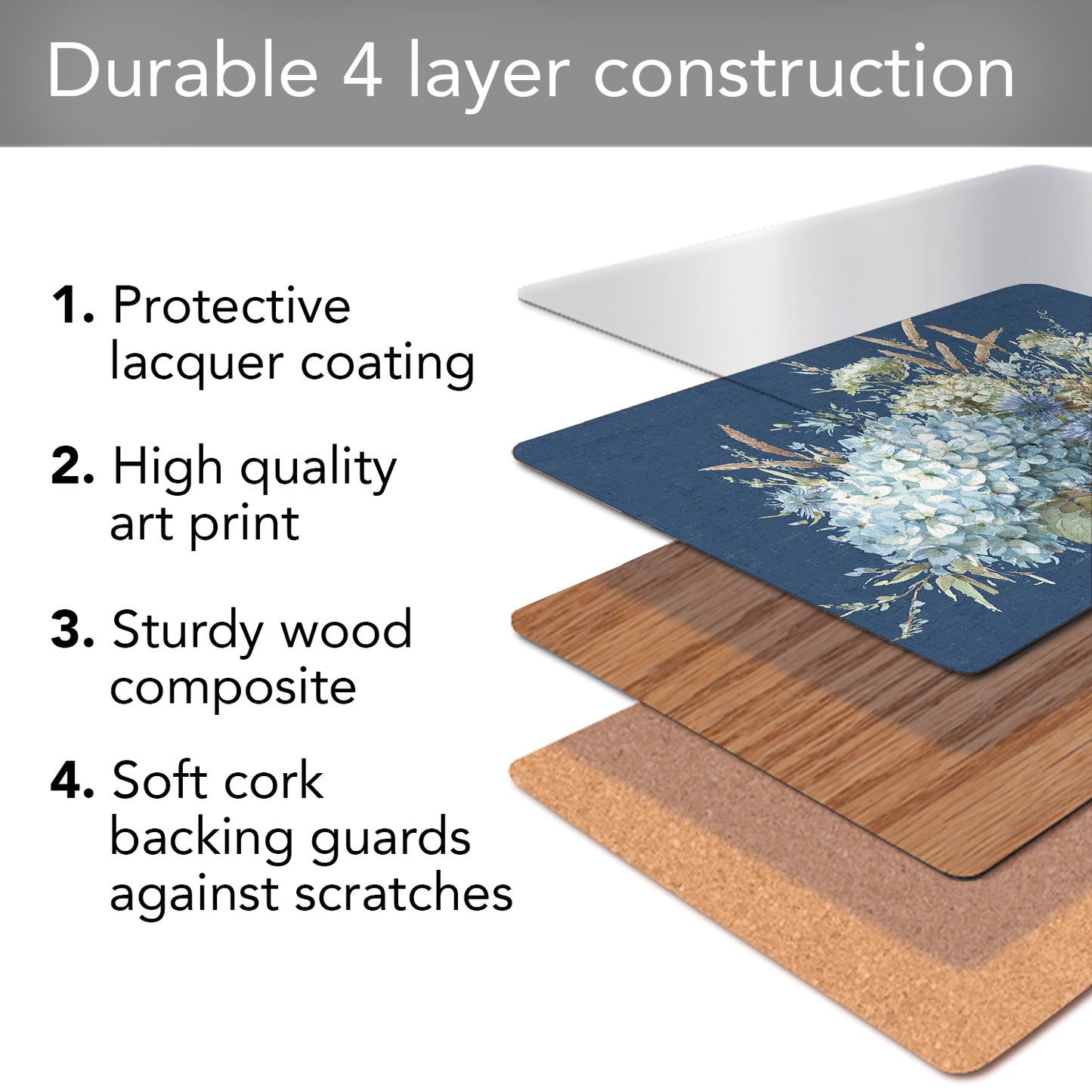 Cala Home Bohemian Blue Premium Decorative Hardboard Tabletop Placemats 4-Pack Manufactured in The USA Heat Tolerant and Easily Wipes Clean