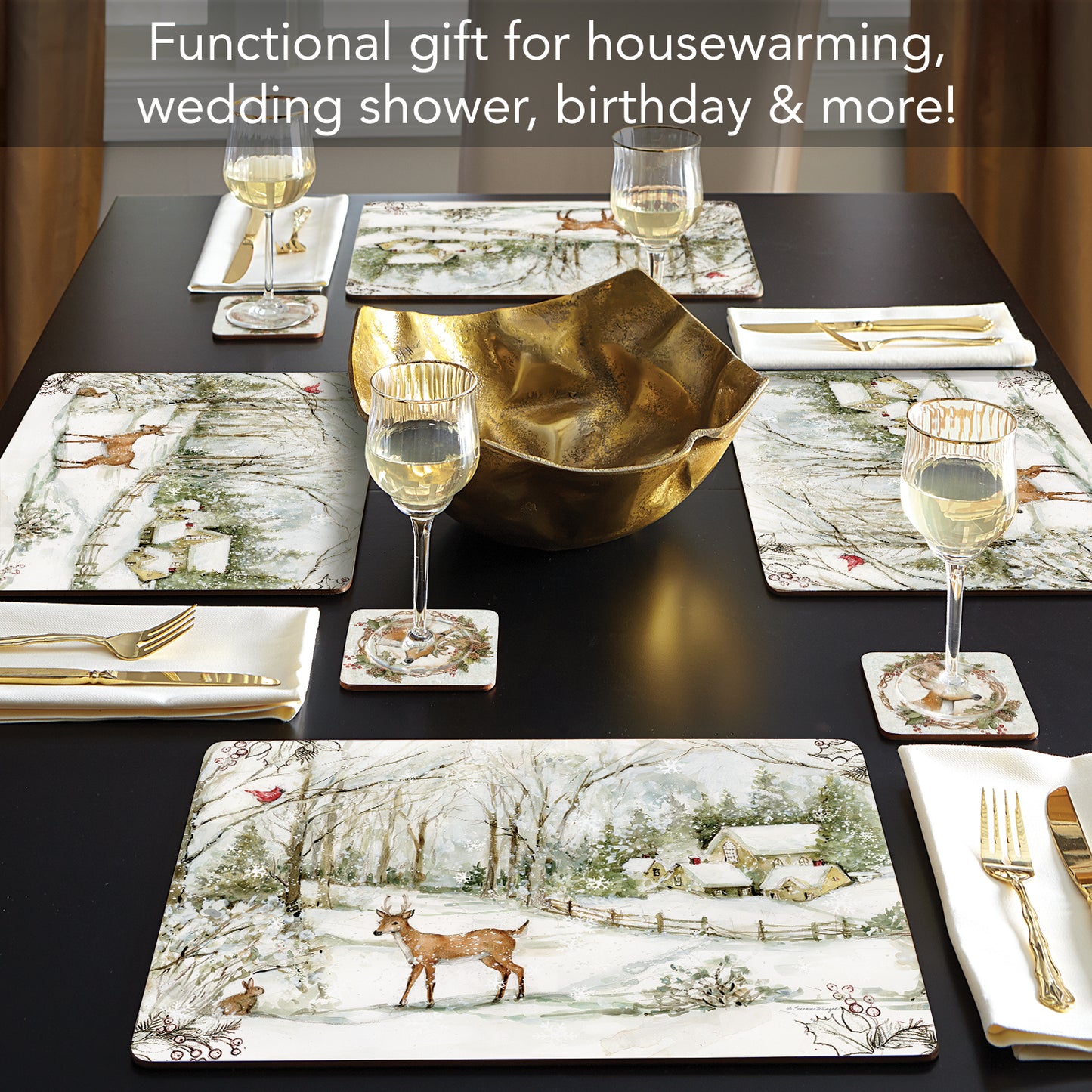 Cala Home Winter Forest Premium Decorative Hardboard Tabletop Placemats 4-Pack Manufactured in The USA Heat Tolerant and Easily Wipes Clean