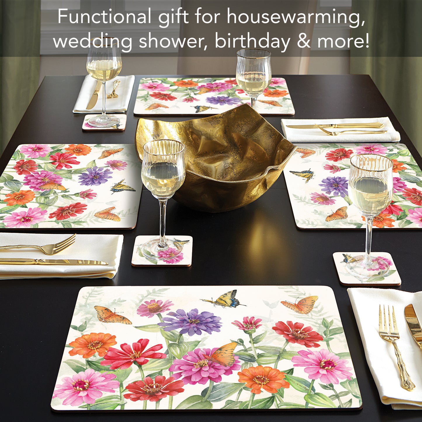Cala Home Zinnias & Butterflies Premium Decorative Hardboard Tabletop Placemats 4-Pack Manufactured in The USA Heat Tolerant and Easily Wipes Clean