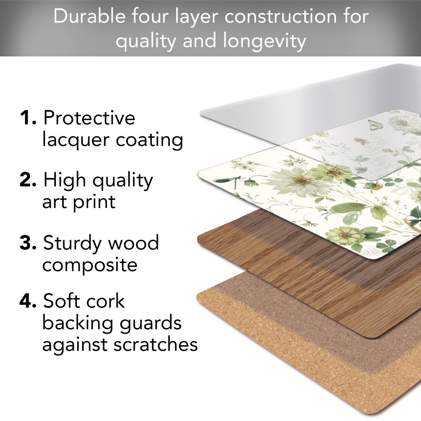Cala Home Green Fields Premium Decorative Hardboard Cork Back Tabletop Placemats 4 Pack Manufactured in The USA Heat Tolerant and Easily Wipes Clean